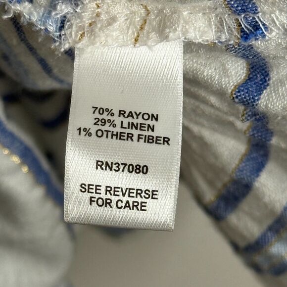 Cato Womens Blouse Large White Blue Gold Striped Boho‎ Ruffle Coastal Nautical - Picture 7 of 9